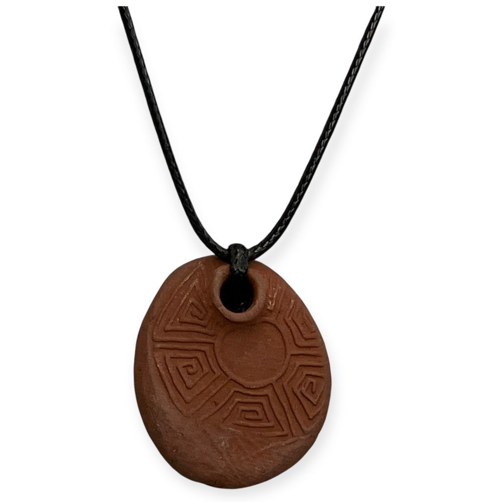 Handmade Terra Cotta Aztec Sun Pendant Tribal Geometric Spiritual 18" Necklace